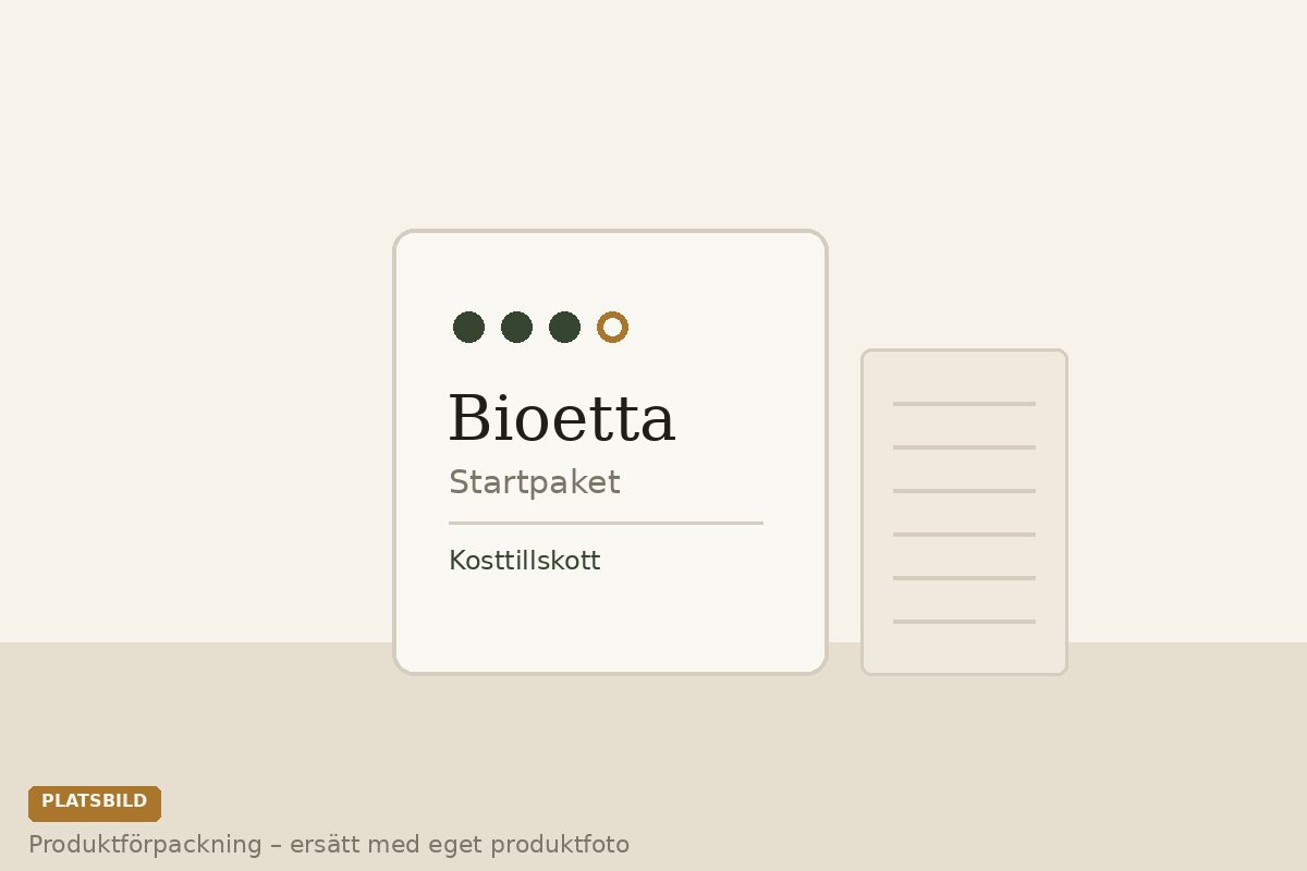 Bioetta Startpaket – förpackning och tryckt veckoplan på ett bord